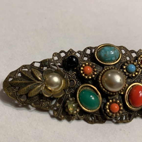 EDWARDIAN VICTORIAN NEIGER BROTHERS-STYLE BROOCH WITH MULTICOLORED CABOCHONS. - Picture 3 of 9
